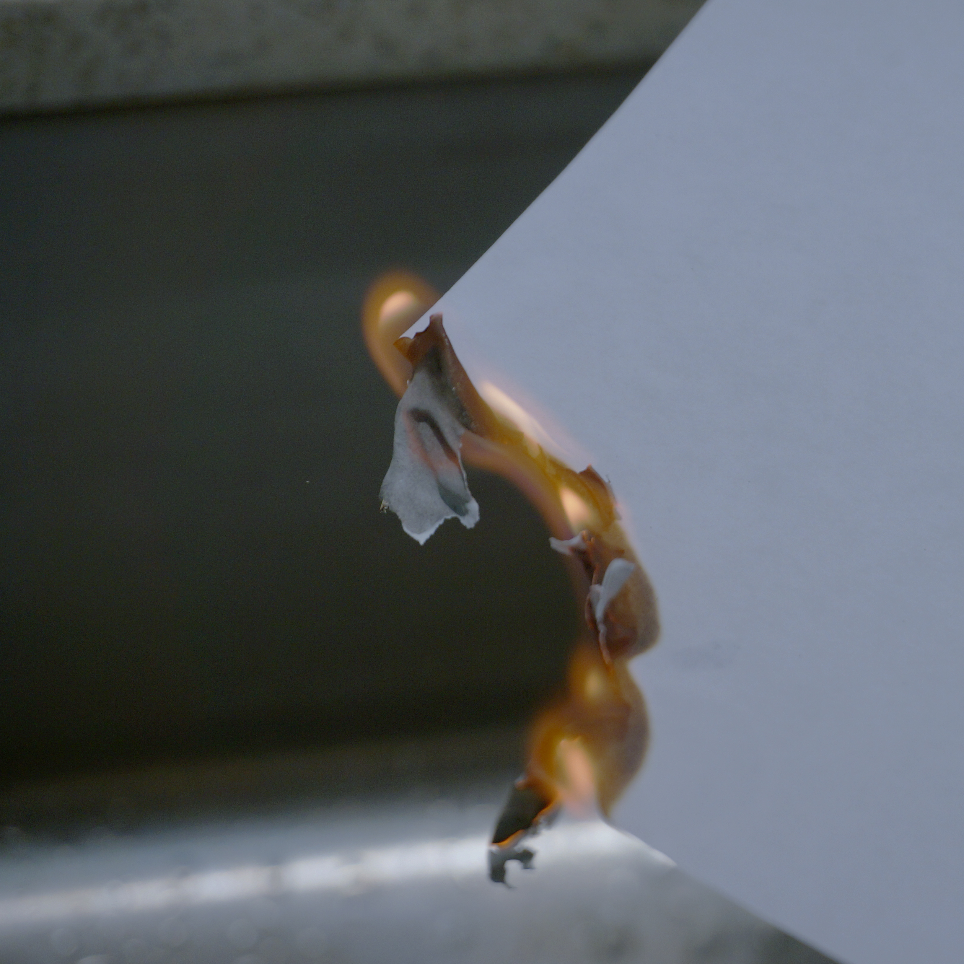 A sheet of paper burning softly along its edge