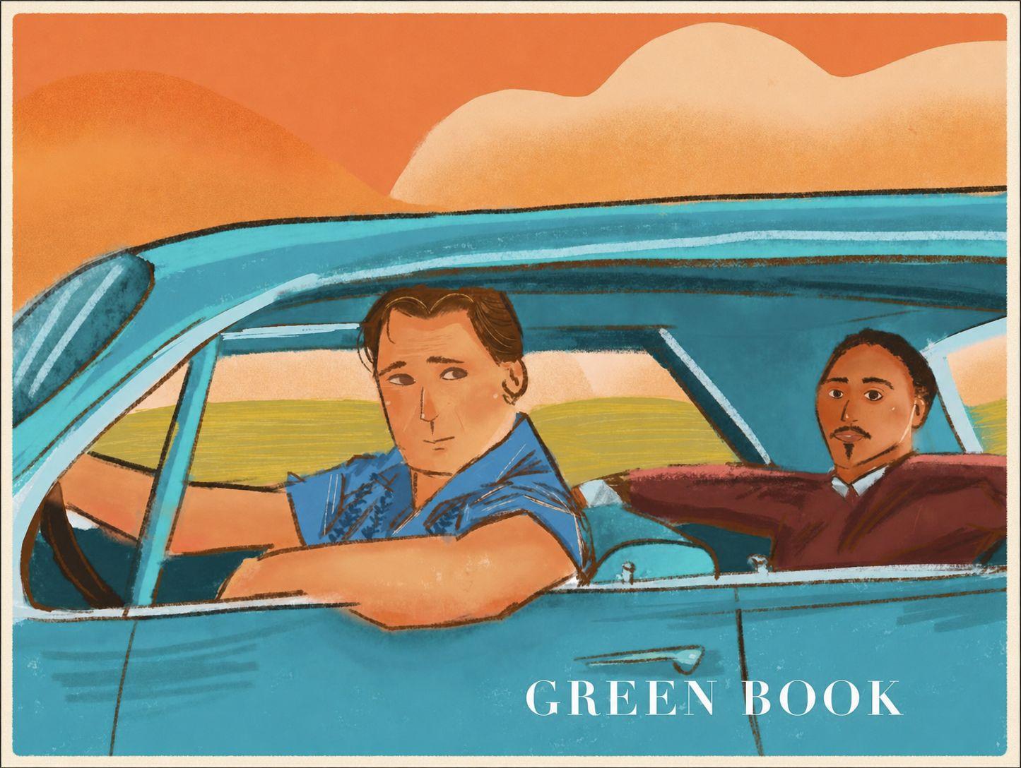 Illustrated Green Book movie poster showing two people traveling in a blue car