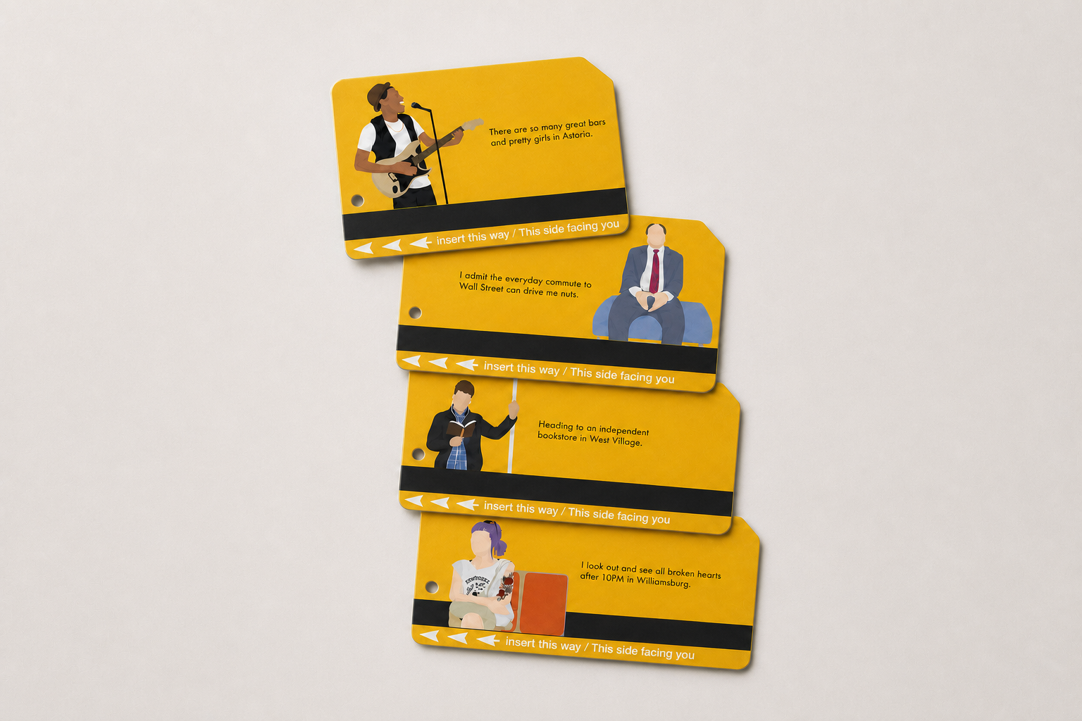 Four illustrated yellow New York City MetroCards arranged in a vertical stack