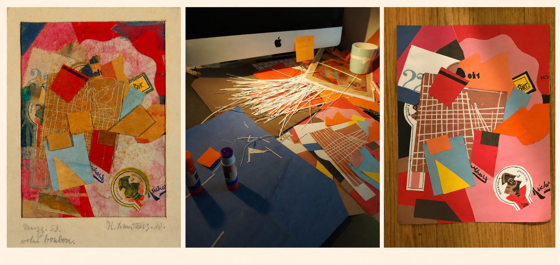 A three-panel collage study showing a Kurt Schwitters reference, the making process, and the finished recreation